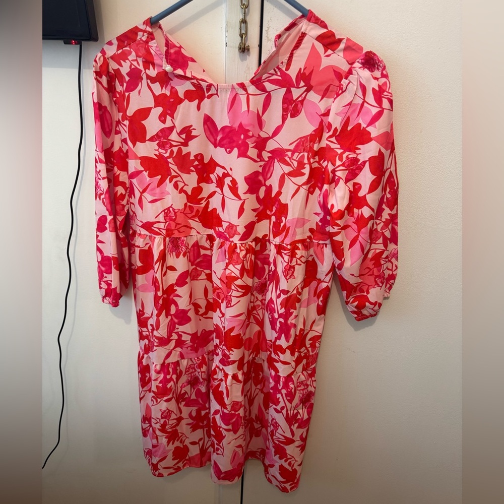 Red Pink Floral 3/4 Sleeve Dress